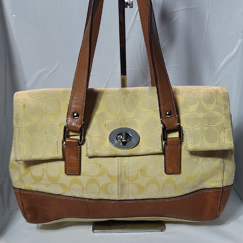 Coach Yellow Signature Jacquard Shoulder Bag with Brown Leather Trim